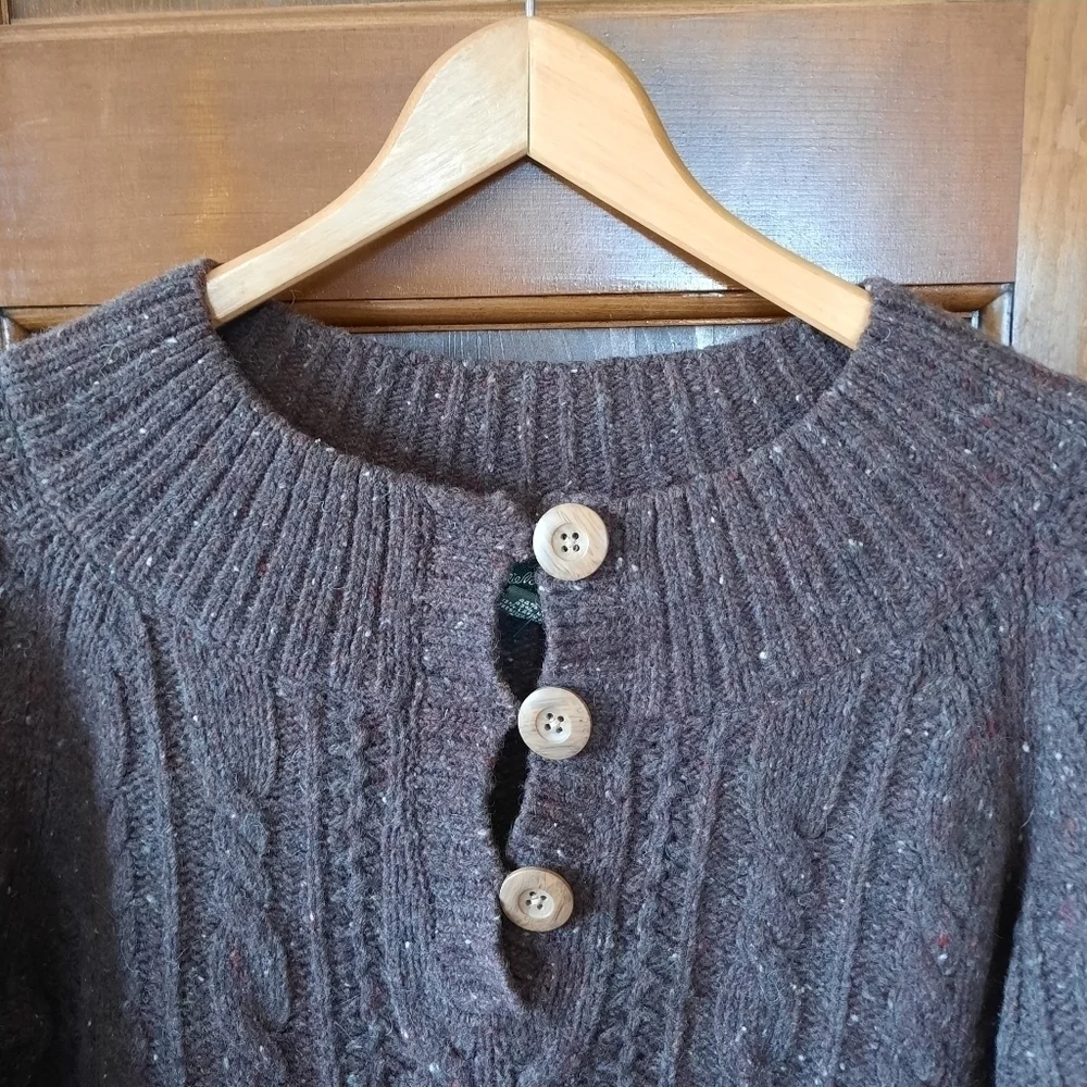 Eddie Bauer wool angora blend brown chunky cable knit crewneck sweater